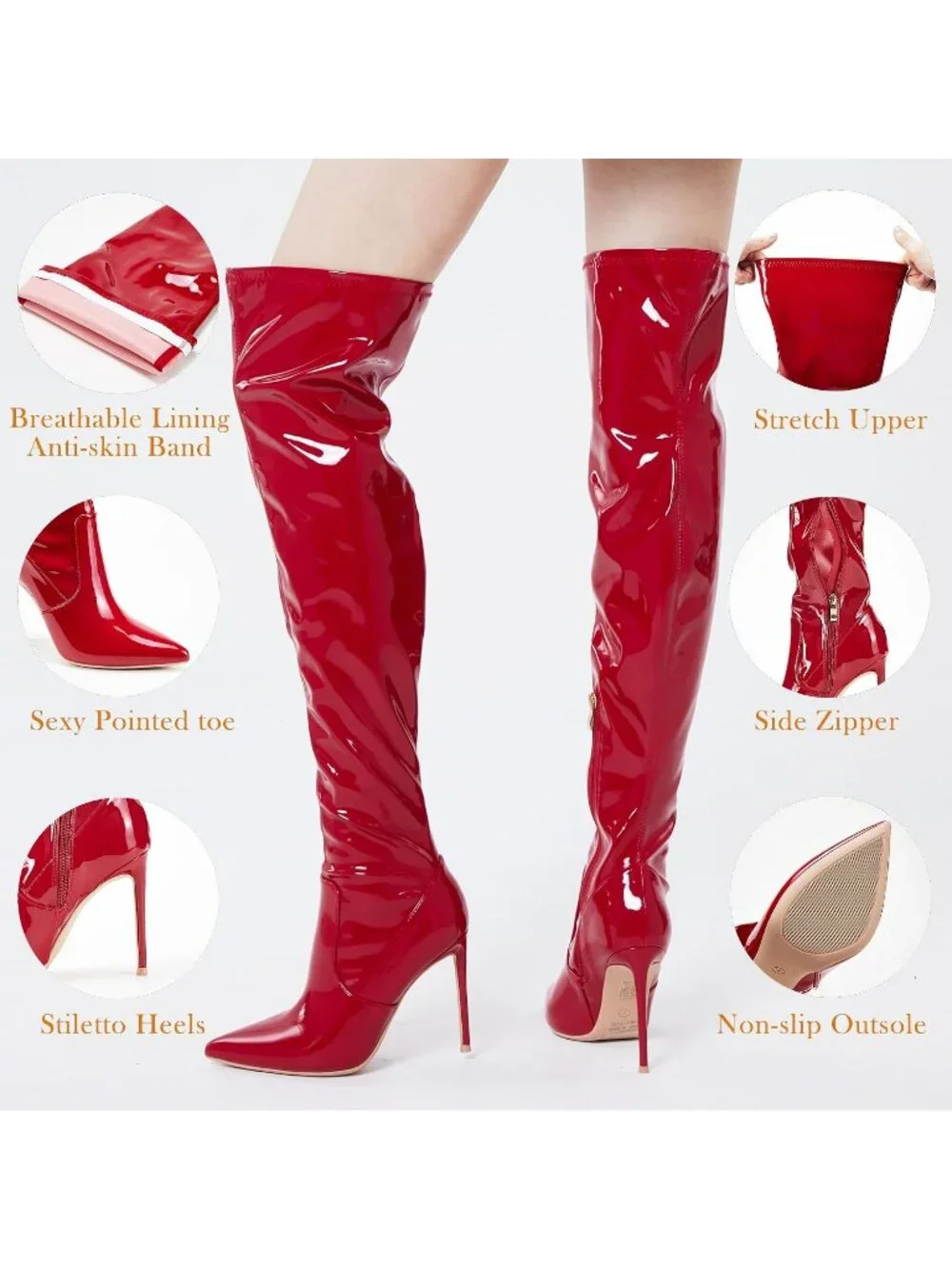 Women's Patent Leather Red Over the Knee Boots Pointed Toe Long Thigh High Heels